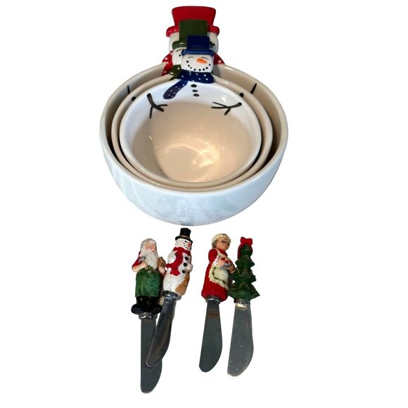 Boston Warehouse Other - Nesting Snowmen Bowls Ceramic Holiday Spreaders Set Christmas Tree Santa Party